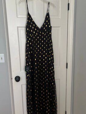 Lulus Galaxy Lights Black and Gold Polka Dot Sleeveless Maxi Dress, XL, NWT